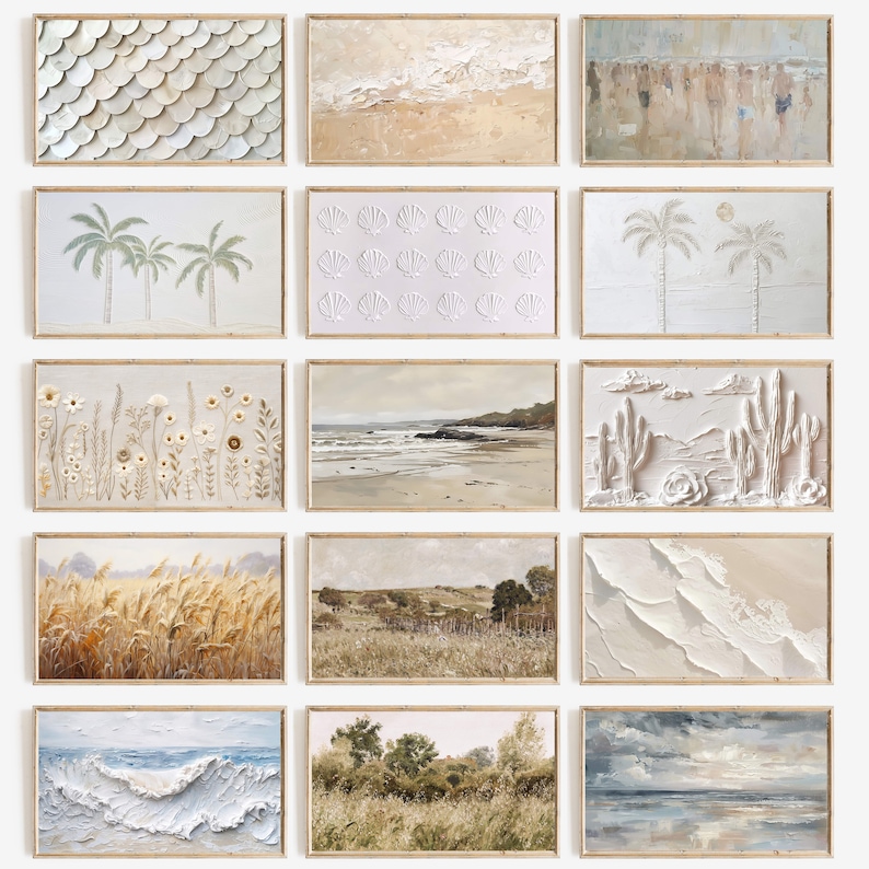 Op de afbeelding: Een verzameling ingelijste wandkunst met verschillende texturen. De kunstwerken bevatten afbeeldingen van schelpen, palmbomen, strandtaferelen en landschappen. Het kleurenpalet is neutraal, met beige, wit en bruin.