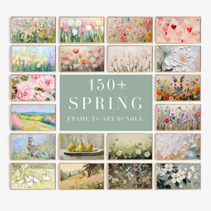 Peut inclure: Un collage de 18 peintures encadrées sur le thème du printemps, représentant des fleurs, des paysages et des animaux. Le texte "150+ SPRING FRAME TV ART BUNDLE" est affiché au centre.