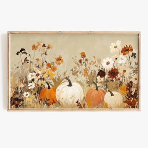 May include: A painting of a fall scene with pumpkins and flowers. The pumpkins are orange and white and the flowers are white, yellow, and orange.