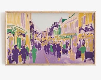 May include: A painting of a city street scene with people walking in the street. The buildings are painted in shades of yellow, green, and purple. The people are painted in shades of purple and green.