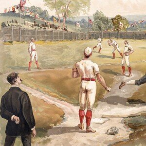 May include: A vintage illustration of a baseball game in progress.  The players are wearing white uniforms with red accents.  The game is being played on a field with a wooden fence in the background.  There are flags and spectators in the background.