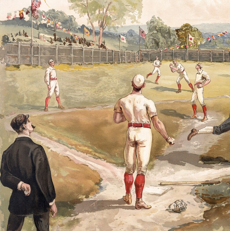 May include: A vintage illustration of a baseball game in progress.  The players are wearing white uniforms with red accents.  The game is being played on a field with a wooden fence in the background.  There are flags and spectators in the background.