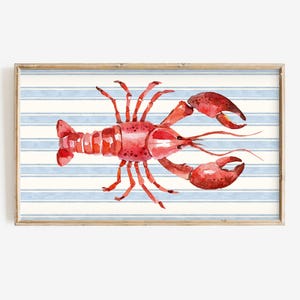 Puede incluir: Un langostino rojo sobre un fondo a rayas azul y blanco. El langostino está pintado en estilo acuarela.