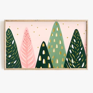 A cute and bright downloadable abstract pink & green Christmas tree art file illustration for your Frame Tv!