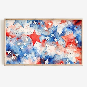 A watercolor painting for the Frame Tv of a red, white, and blue star pattern. The stars are painted in a variety of sizes and are scattered across the canvas. The background is a light blue color with white and red splatter paint.