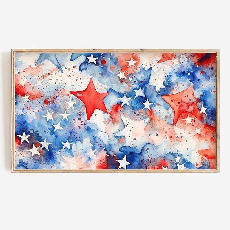 A watercolor painting for the Frame Tv of a red, white, and blue star pattern. The stars are painted in a variety of sizes and are scattered across the canvas. The background is a light blue color with white and red splatter paint.