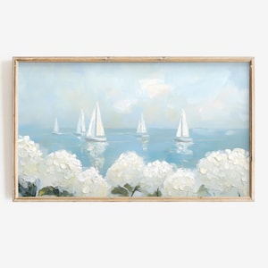 May include: A painting of a seascape with white sailboats on a blue ocean. The ocean is calm and the sky is a light blue. White hydrangeas are in the foreground.