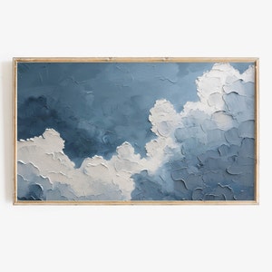 May include: Abstract painting of a blue sky with white clouds. The painting is done in a textured style, with thick layers of paint.