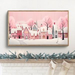 Xmas Frame TV Art Pink Christmas Village Digital Download Cute Pastel Holiday Houses Winter Art File for Tv image 2