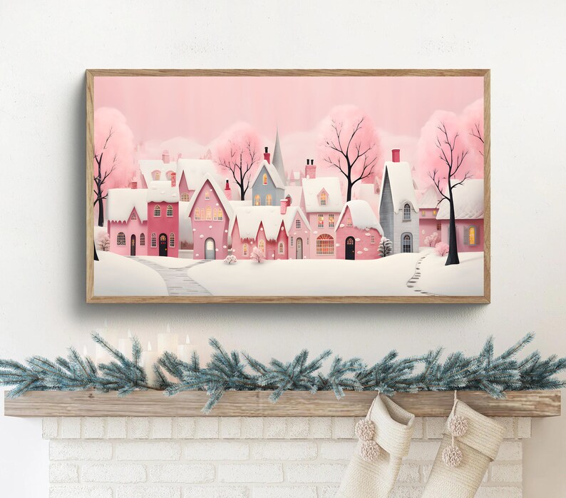 Xmas Frame TV Art Pink Christmas Village Digital Download Cute Pastel Holiday Houses Winter Art File for Tv image 2