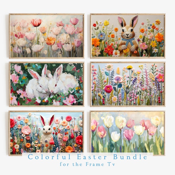 Frame TV Colorful Easter Art Set of 6 | Textured Art for Frame TV Digital Download Bundle | Pastel Floral & Bunny Tv Art