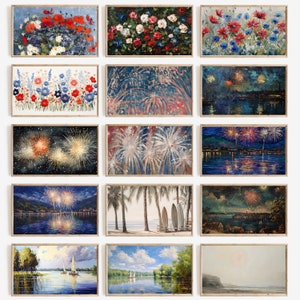 Op de afbeelding: Een verzameling ingelijste kunstdrukken met verschillende landschaps- en bloemenschilderijen. De kunstwerken omvatten levendige afbeeldingen van bloemen, vuurwerk boven water en serene meergezichten met zeilboten. Elk stuk is in een houten lijst geplaatst.