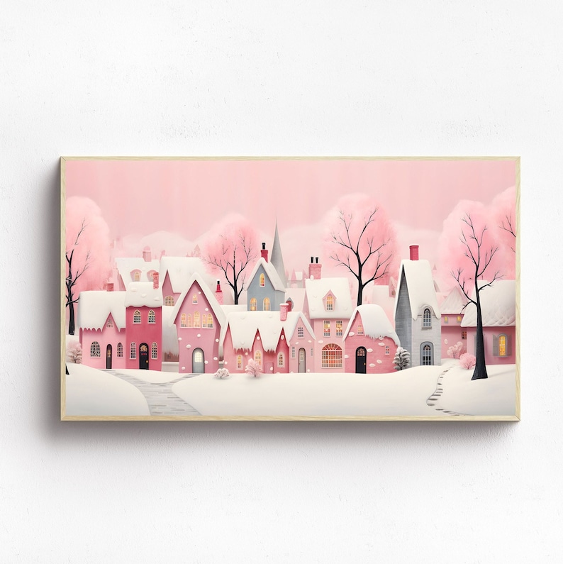 Xmas Frame TV Art Pink Christmas Village Digital Download Cute Pastel Holiday Houses Winter Art File for Tv image 1