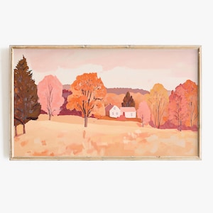 Pink Fall Frame Tv Art | Colorful Autumn Landscape Painting | Cottagecore Blush Toned Digital Download Tv Wallpaper