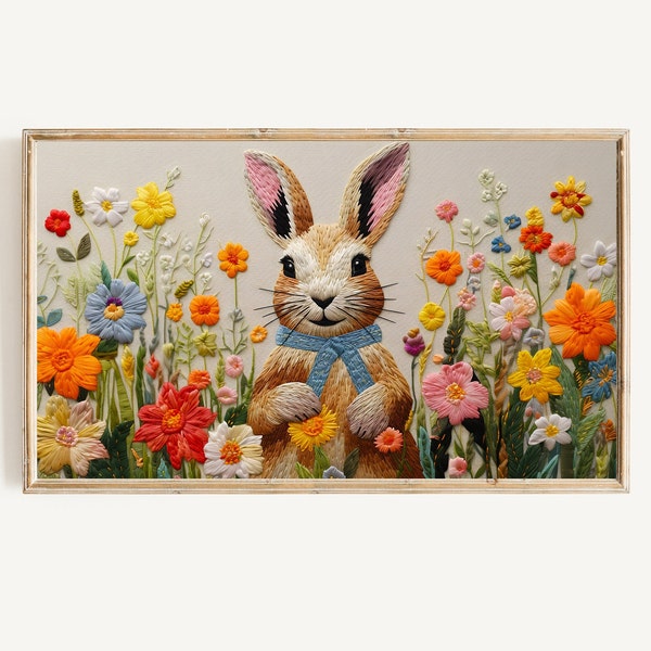 Frame TV Art Easter Bunny Instant Download, Wildflower Spring Frame TV Art, Floral Embroidery Textured Rabbit Art for TV Digital Download