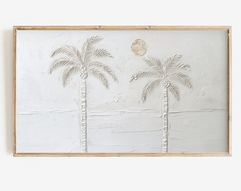 Frame TV Art | Minimalist Palm Tree Instant Digital Download Painting | Neutral Toned White 3d Textured Tropical Beach Art File for Tv