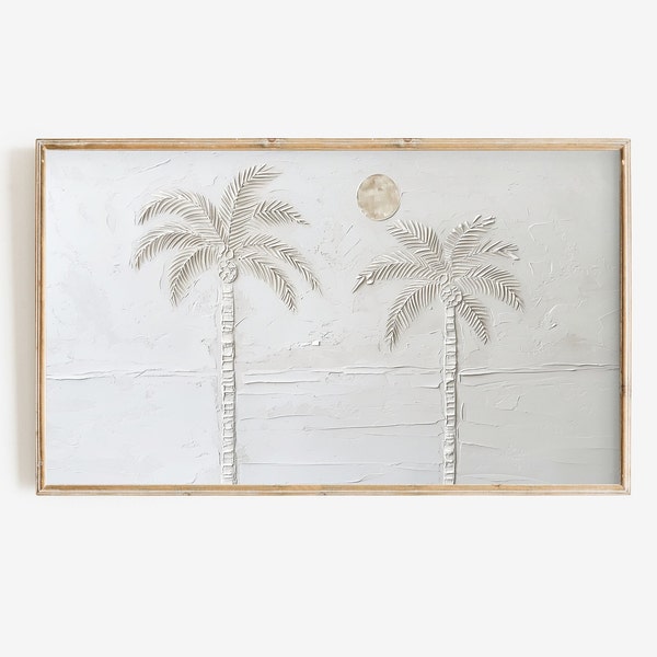 Frame TV-kunst | Minimalistische palmboom Instant Digitale Download Schilderij | Neutraal getinte witte 3D-getextureerde tropische strandkunstbestand voor tv