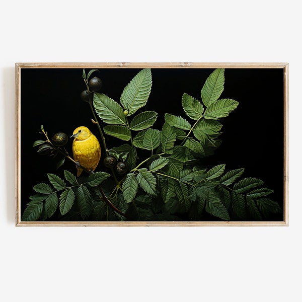 Frame TV Art | Dark Botanical Digital Download | Cottagecore Plant Vintage Bird Painting for Tv Instant Download