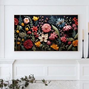 Samsung Frame TV 3D Art, Wildflowers Butterfly Garden, Spring Dark Botanische Digitale Download, Jewel Toned Floral Painting voor TV Wallpaper afbeelding 2