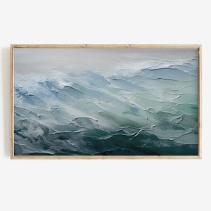 May include: Abstract painting of a stormy sea with shades of blue and green. The paint is applied in thick strokes, creating a textured effect.