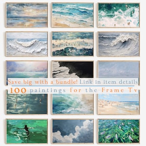 May include: A collage of 12 paintings depicting various ocean scenes. The paintings feature blue, green, and white colors, with waves, clouds, and people in the water. The text "Save big with a bundle! Link in item details 100 paintings for the Frame Tv" is visible at the bottom of the collage.