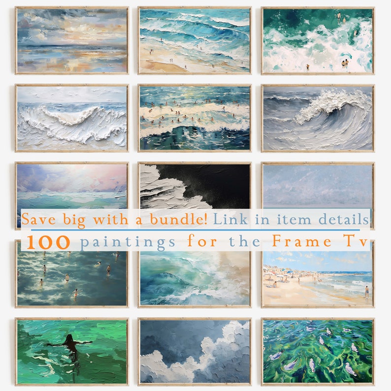 May include: A collage of 12 paintings depicting various ocean scenes. The paintings feature blue, green, and white colors, with waves, clouds, and people in the water. The text "Save big with a bundle! Link in item details 100 paintings for the Frame Tv" is visible at the bottom of the collage.
