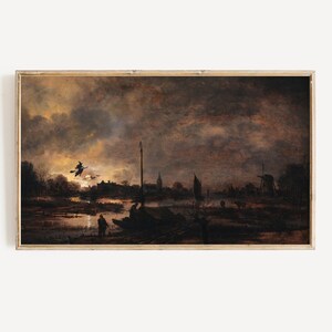 May include: A painting depicting a dark, stormy sky over a Dutch village at night. A witch flies on a broomstick with bats in the distance. The scene is lit by a bright moon and stars.