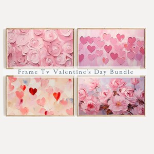May include: Set of four framed art prints featuring pink and red abstract paintings of roses and hearts. The prints are titled "Frame Tv Valentine's Day Bundle".