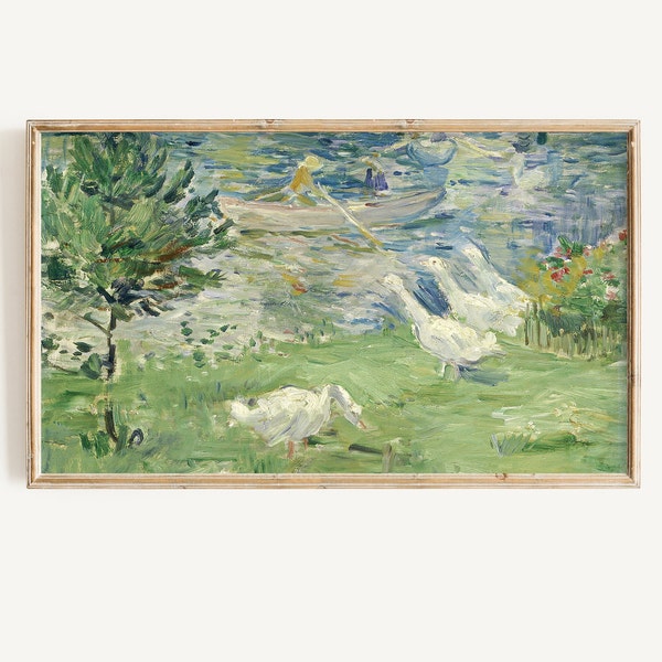 Frame TV Art for Spring | Vintage Goose Painting Digital Download | Spring Frame TV Art | Antique Lake Painting Art File