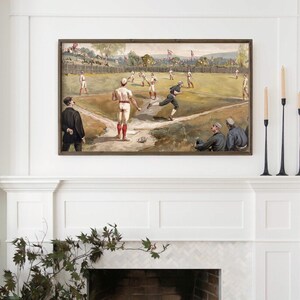 May include: A vintage illustration of a baseball game in progress. The players are wearing white uniforms with red accents. The field is green and there are spectators in the background.