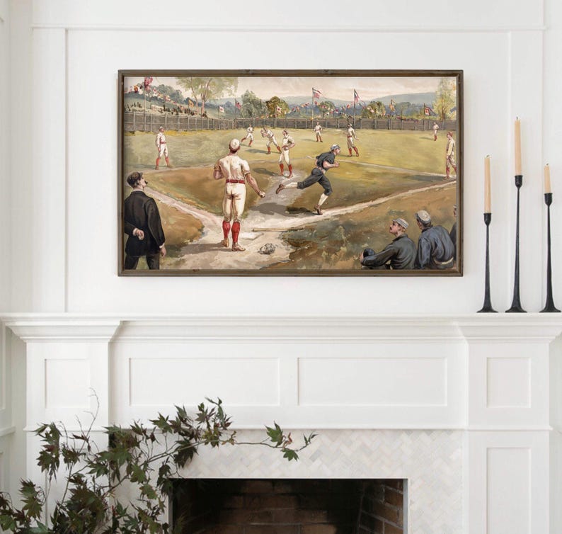 May include: A vintage illustration of a baseball game in progress. The players are wearing white uniforms with red accents. The field is green and there are spectators in the background.