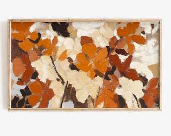 May include: Abstract painting with a mix of orange, brown, and white colors. The painting features a cluster of abstract shapes that resemble flowers or leaves.