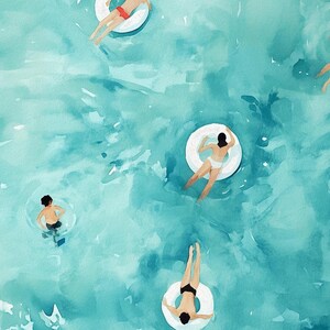 以下が含まれることがあります： ターコイズブルーの水の中で泳ぐ人々を描いた水彩画の俯瞰図。白い円形の浮き輪に乗って浮かんでいる人もいれば、自由に泳いでいる人もいます。明るく晴れた日のプールの様子が表現されています。
