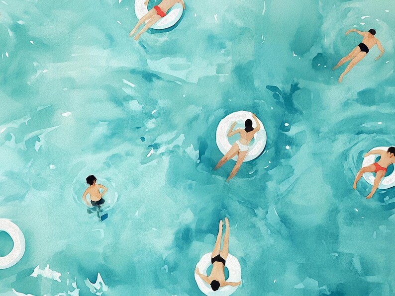 以下が含まれることがあります： ターコイズブルーの水の中で泳ぐ人々を描いた水彩画の俯瞰図。白い円形の浮き輪に乗って浮かんでいる人もいれば、自由に泳いでいる人もいます。明るく晴れた日のプールの様子が表現されています。