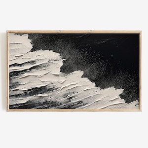 Peut inclure: Impression d'art abstrait avec un design texturé et superposé en noir et blanc. L'œuvre présente un style impasto épais avec des coups de pinceau visibles, créant un contraste dynamique. L'œuvre est encadrée dans un cadre en bois naturel.