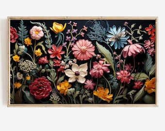 Samsung Frame Tv 3D Art, Wildflowers Butterfly Garden, Spring Dark Botanical Digital Download, Jewel Toned Floral Painting for Tv Wallpaper