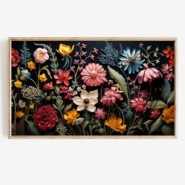 Samsung Frame TV 3D Art, Wildflowers Butterfly Garden, Spring Dark Botanical Digital Download, Jewel Toned Floral Painting for Tv Wallpaper