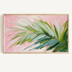 May include: A painting of a palm frond with green and blue leaves against a pink background.