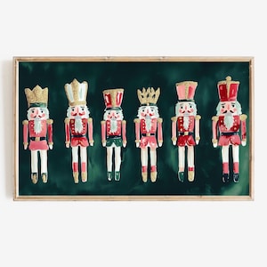 May include: Six colorful nutcracker figurines with red, green, and gold accents stand in a row against a dark green background. The nutcrackers are all wearing hats and have facial features.