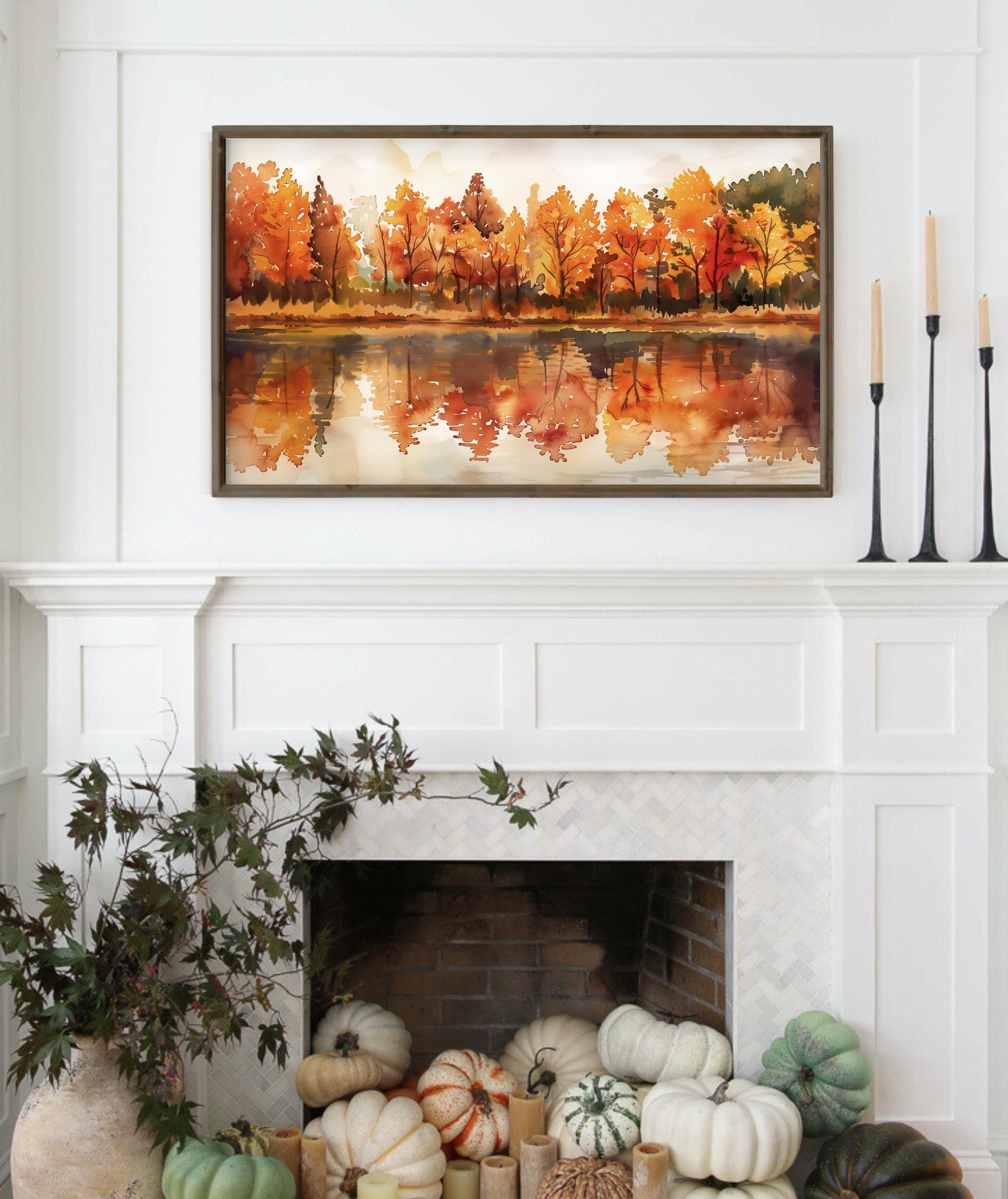 Fall Tv Screen Frame Tv Art Fall Digital Download Painting | Seasonal Autumn Lake Tv ...