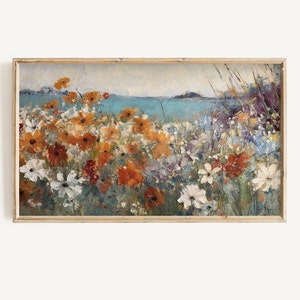 Frame TV Art Spring Digital Download Vintage Coastal Floral Landscape for Tv Wildflower & Ocean Textured Painting Instant Download image 1