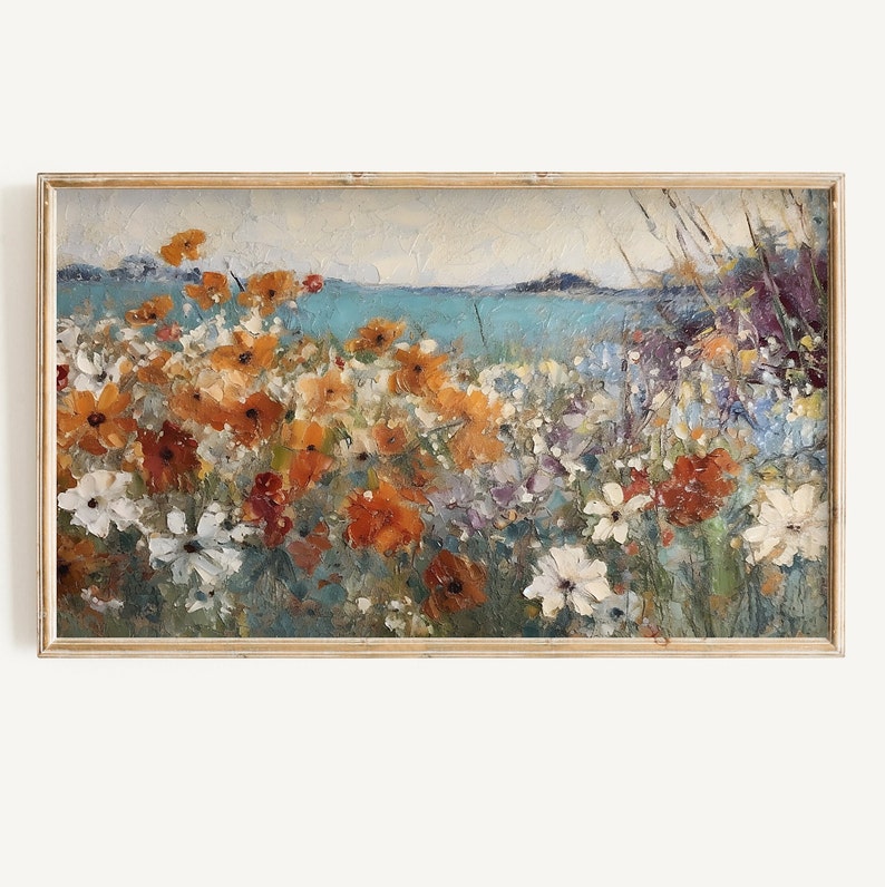 Frame TV Art Spring Digital Download Vintage Coastal Floral Landscape for Tv Wildflower & Ocean Textured Painting Instant Download image 1