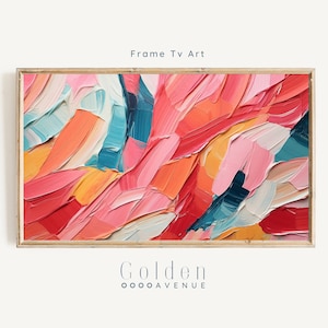 May include: Abstract painting in a wooden frame with a colorful, layered, and textured design. The colors include pink, red, orange, yellow, blue, and white.