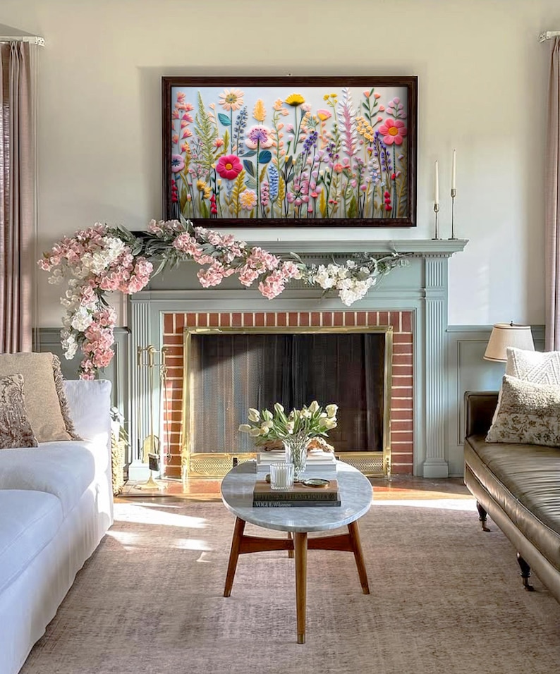 Spring Frame Tv Art Instant Download | Wildflower Floral Embroidery Textured Art for TV Digital Download | Colorful Flowers for Spring image 6