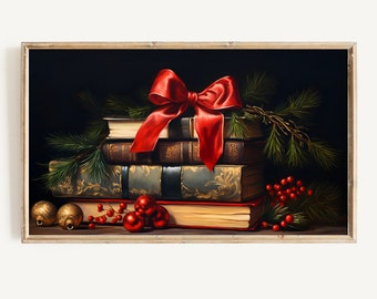 Frame TV Art Vintage Christmas Digital Download Painting | Holiday Books Art File | Dark Academia Bookish Xmas Tv Art