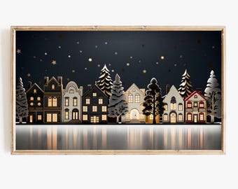 Xmas Frame Tv Art | Christmas Village Digital Download | Holiday Houses Winter Dark Toned Art File for Tv