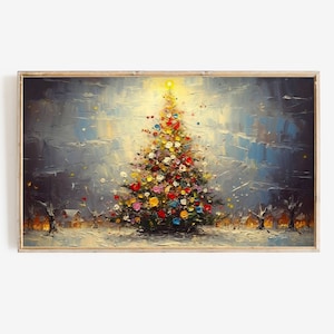 Frame TV Art | Vintage Christmas Tree Colorful Ornament Digital Download | Winter Snow Landscape Painting Xmas Art File for Tv