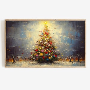 Puede incluir: Una pintura de un gran árbol de Navidad brillantemente decorado en un paisaje nevado. El árbol está iluminado con luces parpadeantes y adornado con adornos coloridos. La escena está pintada en un estilo realista con un enfoque en los detalles del árbol y el paisaje circundante.