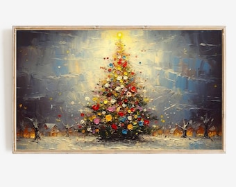 Frame Tv Art | Vintage Christmas Tree Colorful Ornament Digital Download | Winter Snow Landscape Painting Xmas Art File for Tv