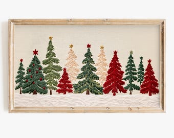May include: Embroidered wall art featuring a row of Christmas trees in various shades of green, red, and cream. The trees are decorated with gold and red stars.